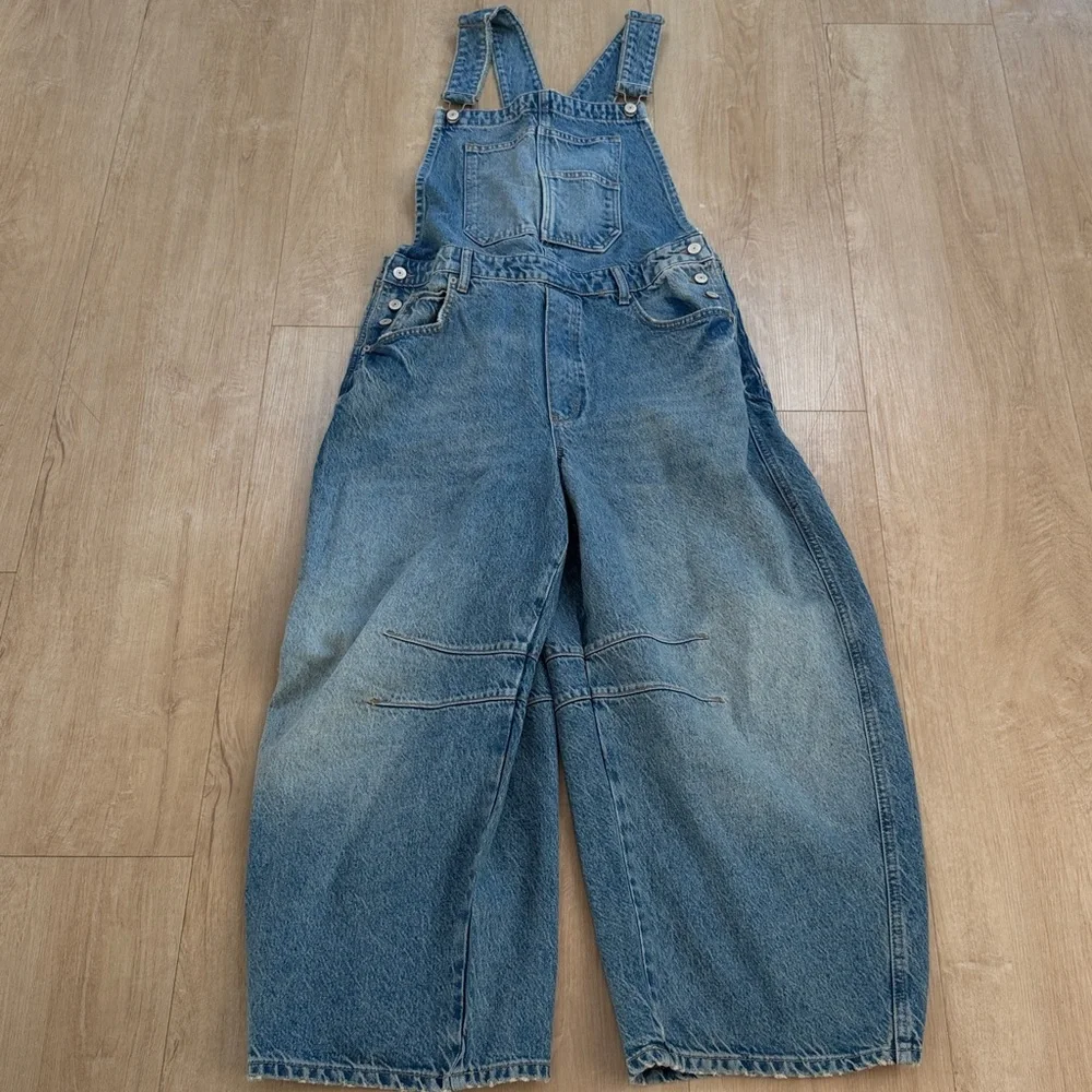 We The Free Good Luck Denim Square Neck Barrel Leg Overalls, SIZE MEDIUM - Picture 4 of 10